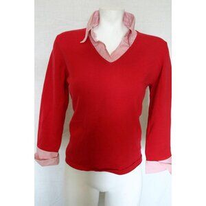 ByDesign Womens Red Sweater Faux Layer Stripe Collar Cuffs 3/4 Sleeves Sz Large